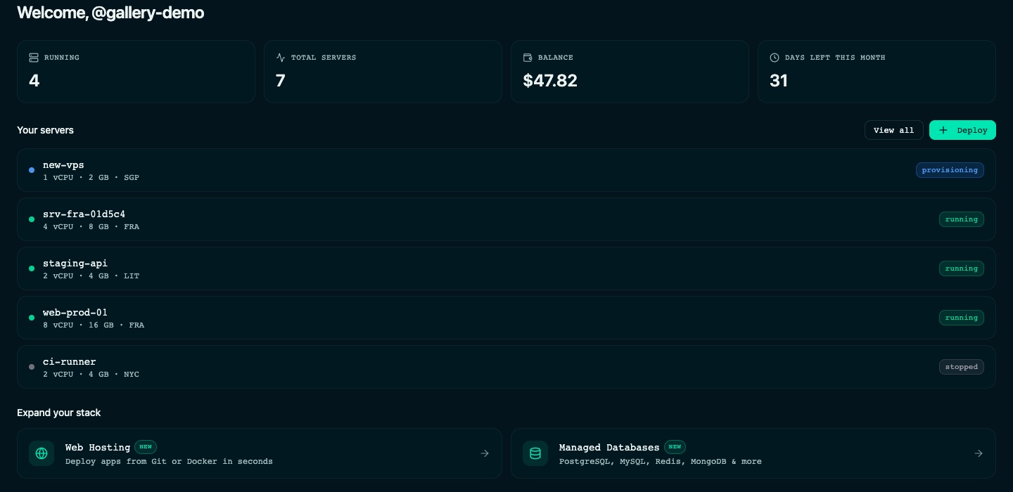bashrack dashboard of a demo account: 4 running servers, 7 in total, a $47.82 balance and a list of servers with their status.