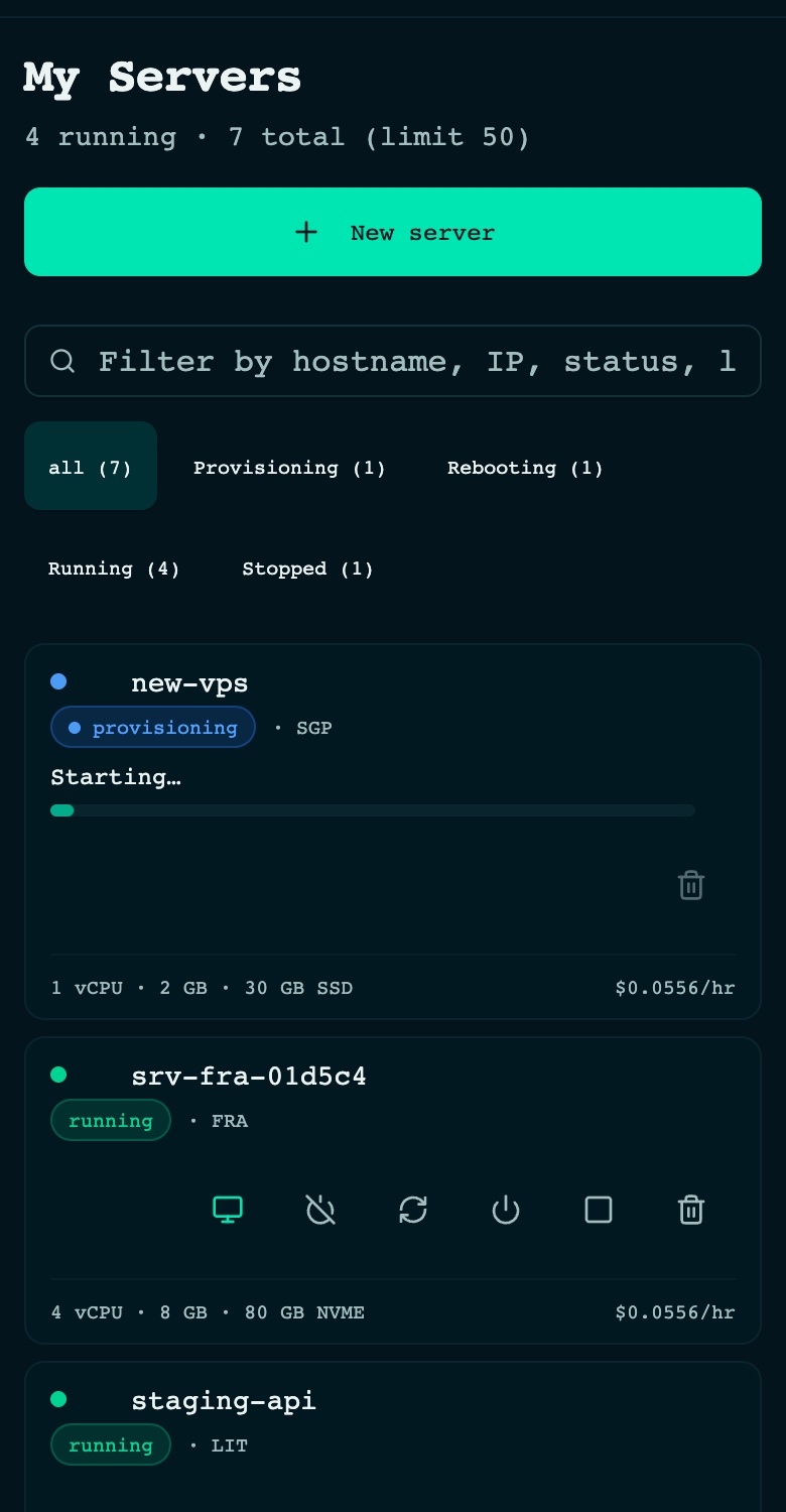 bashrack server list on a phone showing a provisioning server and running servers with their actions.