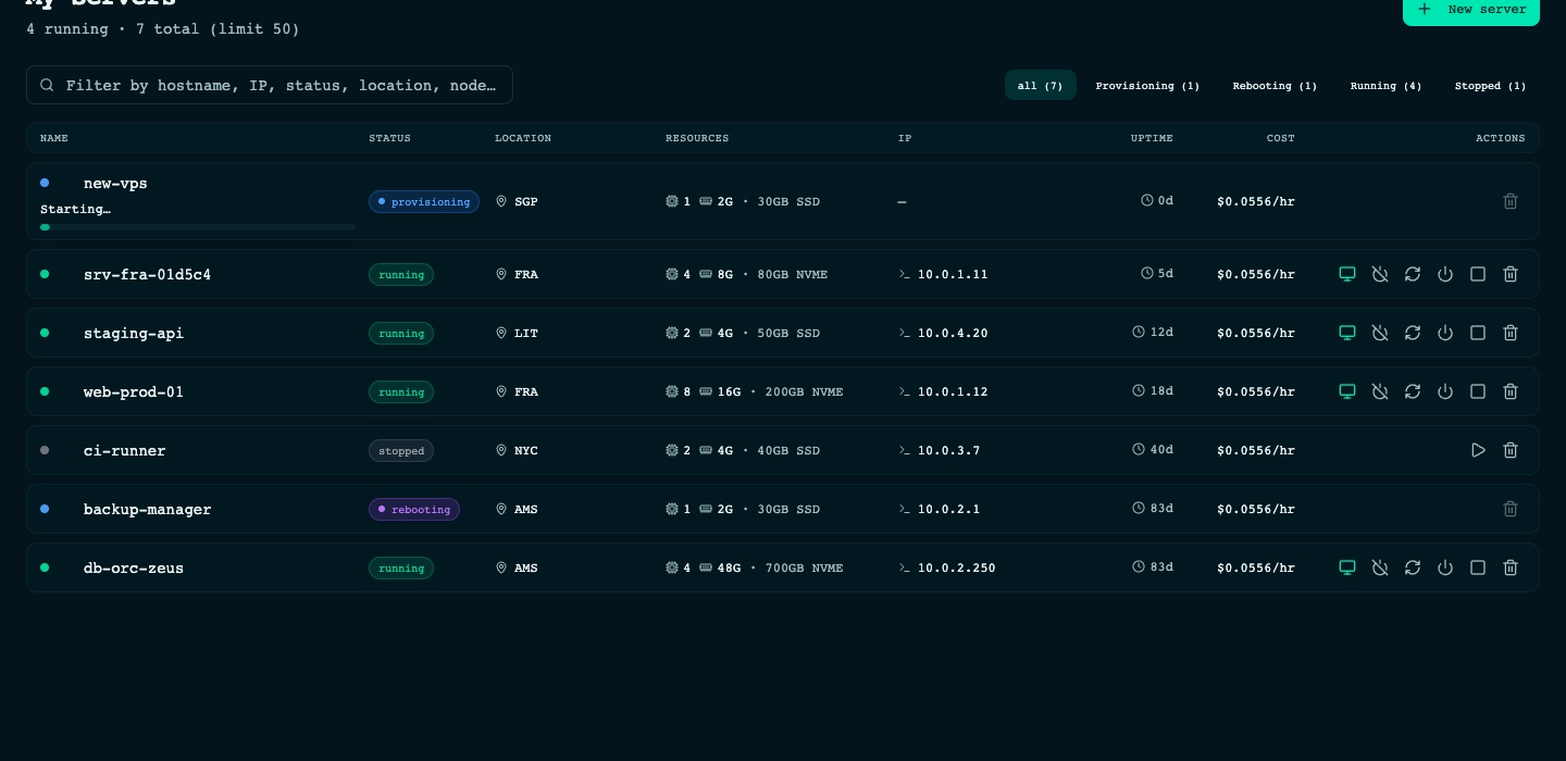 bashrack server list of a demo account showing provisioning, running, rebooting and stopped servers with status, location, resources, IP, uptime, cost and action buttons.